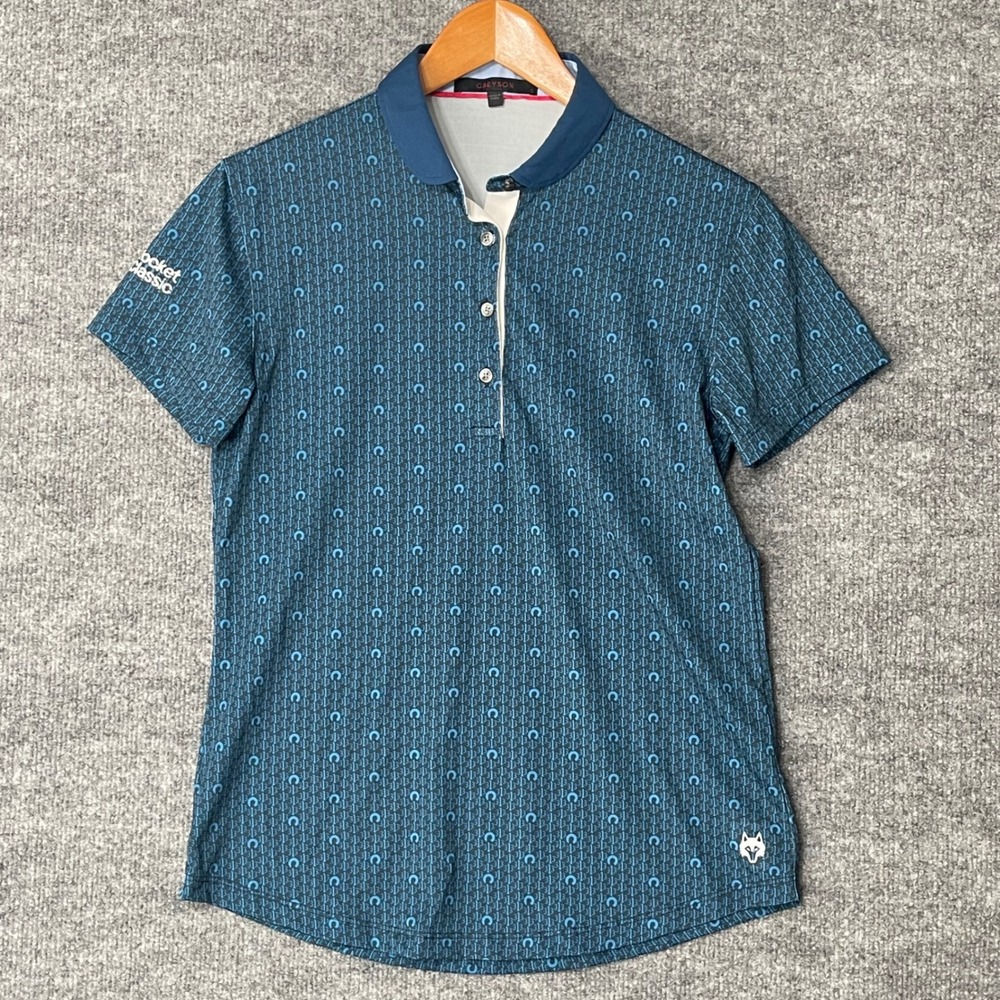 GREYSON‎ Women's Teal Blue Geometric Print Golf Polo Shirt Short Sleeve Size S